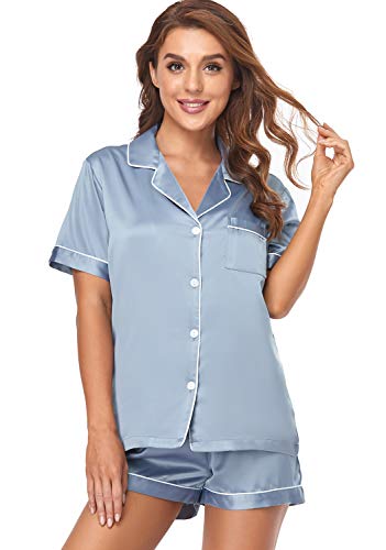 Serenedelicacy Women's Satin Pajama Set 2-Piece Sleepwear Loungewear Button Down Short Sleeve PJ Set (Medium, Dusty Blue)