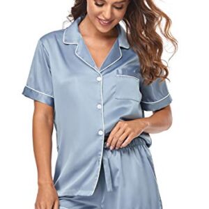 Serenedelicacy Women's Satin Pajama Set 2-Piece Sleepwear Loungewear Button Down Short Sleeve PJ Set (Medium, Dusty Blue)