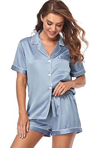 Serenedelicacy Women's Satin Pajama Set 2-Piece Sleepwear Loungewear Button Down Short Sleeve PJ Set (Medium, Dusty Blue)