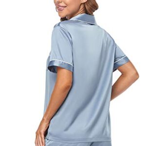 Serenedelicacy Women's Satin Pajama Set 2-Piece Sleepwear Loungewear Button Down Short Sleeve PJ Set (Medium, Dusty Blue)