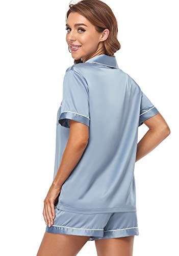 Serenedelicacy Women's Satin Pajama Set 2-Piece Sleepwear Loungewear Button Down Short Sleeve PJ Set (Medium, Dusty Blue)