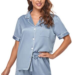 Serenedelicacy Women's Satin Pajama Set 2-Piece Sleepwear Loungewear Button Down Short Sleeve PJ Set (Medium, Dusty Blue)