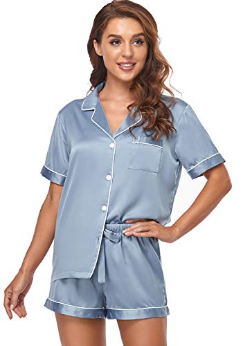 Serenedelicacy Women's Satin Pajama Set 2-Piece Sleepwear Loungewear Button Down Short Sleeve PJ Set (Medium, Dusty Blue)