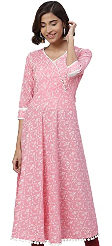 Yash Gallery Women's Cotton Floral Print Anarkali Kurtis (Light Pink)