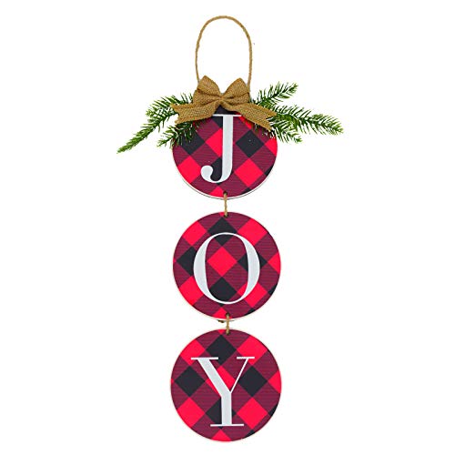 Christmas Decoration JOY Wall Sign, Buffalo Check Plaid Wreath for Front Door Rustic Burlap Wooden Christmas Ornaments for Home Window Wall Farmhouse Indoor Outdoor