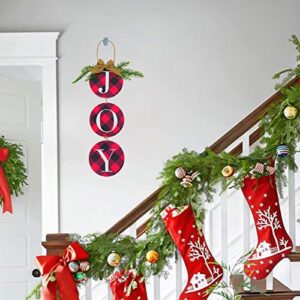 Christmas Decoration JOY Wall Sign, Buffalo Check Plaid Wreath for Front Door Rustic Burlap Wooden Christmas Ornaments for Home Window Wall Farmhouse Indoor Outdoor