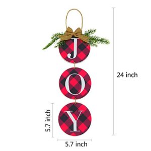 Christmas Decoration JOY Wall Sign, Buffalo Check Plaid Wreath for Front Door Rustic Burlap Wooden Christmas Ornaments for Home Window Wall Farmhouse Indoor Outdoor