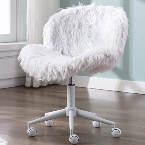 White Vanity Chair Faux Fur Swivel Desk Chair Cute Fluffy Armless Office Chair Rolling Makeup Chairs for Teens Bedroom Study Room, Height Adjustable