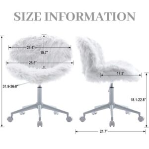 White Vanity Chair Faux Fur Swivel Desk Chair Cute Fluffy Armless Office Chair Rolling Makeup Chairs for Teens Bedroom Study Room, Height Adjustable