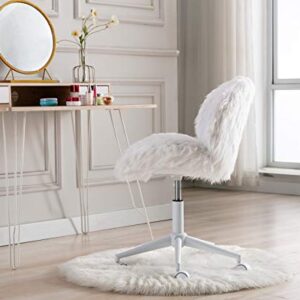 White Vanity Chair Faux Fur Swivel Desk Chair Cute Fluffy Armless Office Chair Rolling Makeup Chairs for Teens Bedroom Study Room, Height Adjustable