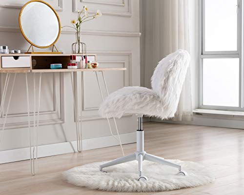 White Vanity Chair Faux Fur Swivel Desk Chair Cute Fluffy Armless Office Chair Rolling Makeup Chairs for Teens Bedroom Study Room, Height Adjustable