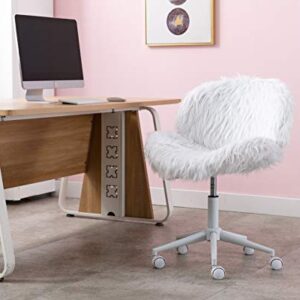 White Vanity Chair Faux Fur Swivel Desk Chair Cute Fluffy Armless Office Chair Rolling Makeup Chairs for Teens Bedroom Study Room, Height Adjustable