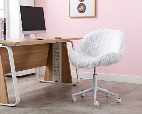 White Vanity Chair Faux Fur Swivel Desk Chair Cute Fluffy Armless Office Chair Rolling Makeup Chairs for Teens Bedroom Study Room, Height Adjustable