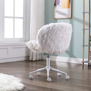 White Vanity Chair Faux Fur Swivel Desk Chair Cute Fluffy Armless Office Chair Rolling Makeup Chairs for Teens Bedroom Study Room, Height Adjustable