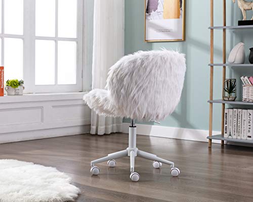 White Vanity Chair Faux Fur Swivel Desk Chair Cute Fluffy Armless Office Chair Rolling Makeup Chairs for Teens Bedroom Study Room, Height Adjustable