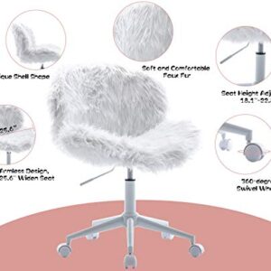 White Vanity Chair Faux Fur Swivel Desk Chair Cute Fluffy Armless Office Chair Rolling Makeup Chairs for Teens Bedroom Study Room, Height Adjustable