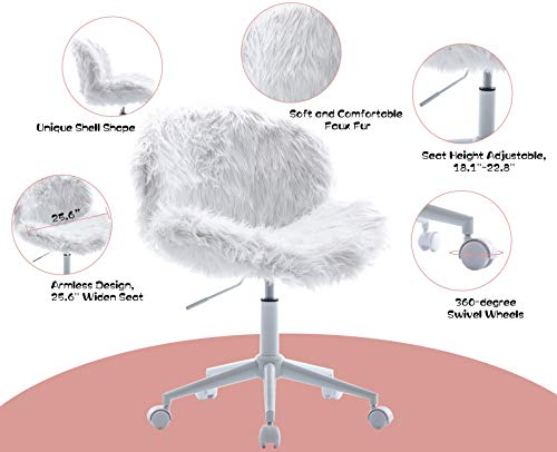 White Vanity Chair Faux Fur Swivel Desk Chair Cute Fluffy Armless Office Chair Rolling Makeup Chairs for Teens Bedroom Study Room, Height Adjustable