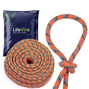 arborist tree rope, bull rope, 18 kn, static rope, tree rope, 32 strand, 1/2 inch diameter, 150 foot, double braided, orange, blue, & black