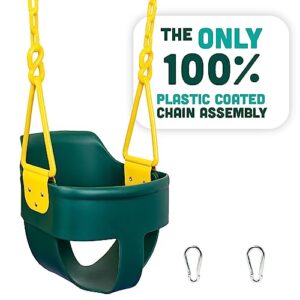 premium high back full bucket toddler swing seat with finger grip, plastic coated chains and carabiners for easy install - green - squirrel products