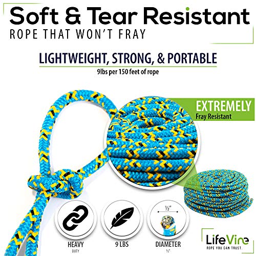 Arborist Tree Rope, Bull Rope, Static Rope, Tree Rope, 18KN, 16 Strand, 1/2 Inch Diameter, 150 Foot, Double Braided, Blue, Black, & Yellow