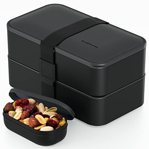 Bentoheaven Premium Bento Box Adult Lunch Box with 2 Compartments (40oz), Cutlery & Set of Chopsticks, Large Dip Container, Cute Black Japanese Bento Box, Rectangle, Microwavable (Outer Space)