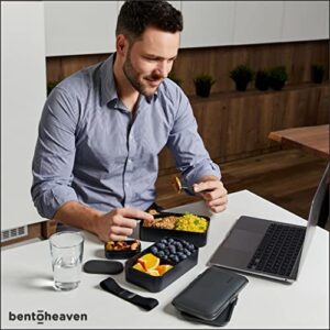 Bentoheaven Premium Bento Box Adult Lunch Box with 2 Compartments (40oz), Cutlery & Set of Chopsticks, Large Dip Container, Cute Black Japanese Bento Box, Rectangle, Microwavable (Outer Space)