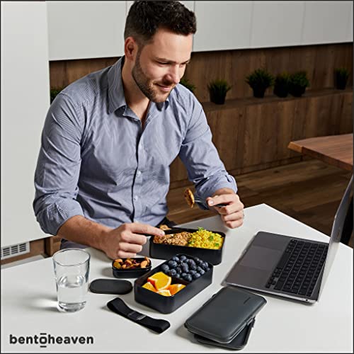 Bentoheaven Premium Bento Box Adult Lunch Box with 2 Compartments (40oz), Cutlery & Set of Chopsticks, Large Dip Container, Cute Black Japanese Bento Box, Rectangle, Microwavable (Outer Space)