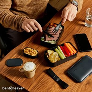 Bentoheaven Premium Bento Box Adult Lunch Box with 2 Compartments (40oz), Cutlery & Set of Chopsticks, Large Dip Container, Cute Black Japanese Bento Box, Rectangle, Microwavable (Outer Space)