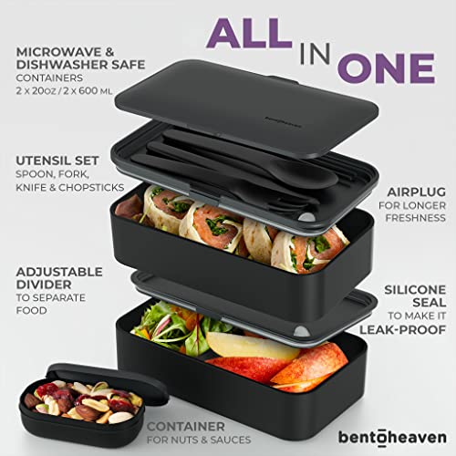 Bentoheaven Premium Bento Box Adult Lunch Box with 2 Compartments (40oz), Cutlery & Set of Chopsticks, Large Dip Container, Cute Black Japanese Bento Box, Rectangle, Microwavable (Outer Space)