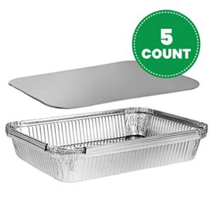 PLASTICPRO Disposable 4 LB Aluminum Takeout Tin Foil Oblong Baking Pans 12'' X 8'' X 2'' Inch With Cardboard Lids - Brownies, Bread, or Lunchbox, Pack of 5