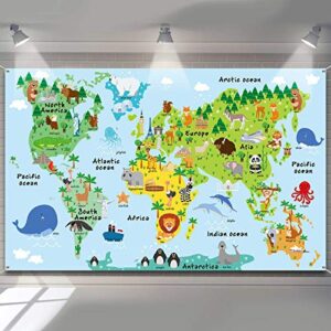 world map backdrop animal landmarks world map tapestry for kids educational cartoon animals world background wall hanging for nursery bedroom living room classroom dorm or animals party decorations