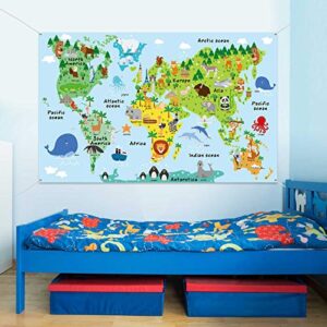 World Map Backdrop Animal Landmarks World Map Tapestry for Kids Educational Cartoon Animals World Background Wall Hanging for Nursery Bedroom Living Room Classroom Dorm or Animals Party Decorations