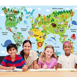 World Map Backdrop Animal Landmarks World Map Tapestry for Kids Educational Cartoon Animals World Background Wall Hanging for Nursery Bedroom Living Room Classroom Dorm or Animals Party Decorations