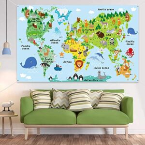 World Map Backdrop Animal Landmarks World Map Tapestry for Kids Educational Cartoon Animals World Background Wall Hanging for Nursery Bedroom Living Room Classroom Dorm or Animals Party Decorations
