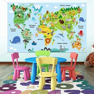 World Map Backdrop Animal Landmarks World Map Tapestry for Kids Educational Cartoon Animals World Background Wall Hanging for Nursery Bedroom Living Room Classroom Dorm or Animals Party Decorations