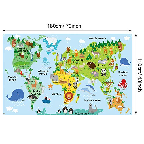 World Map Backdrop Animal Landmarks World Map Tapestry for Kids Educational Cartoon Animals World Background Wall Hanging for Nursery Bedroom Living Room Classroom Dorm or Animals Party Decorations