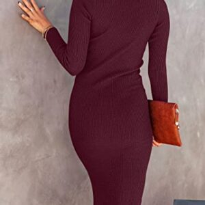 ANRABESS Women 2023 Fall Sweater Dress Turtleneck Long Sleeve Sexy Slim Fit Slit Boydcon Midi Dresses for Elegant Wedding Guest 308jiuhong-M Wine Red