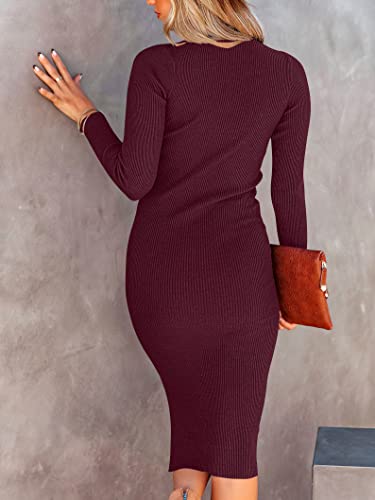 ANRABESS Women 2023 Fall Sweater Dress Turtleneck Long Sleeve Sexy Slim Fit Slit Boydcon Midi Dresses for Elegant Wedding Guest 308jiuhong-M Wine Red