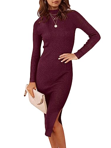 ANRABESS Women 2023 Fall Sweater Dress Turtleneck Long Sleeve Sexy Slim Fit Slit Boydcon Midi Dresses for Elegant Wedding Guest 308jiuhong-M Wine Red