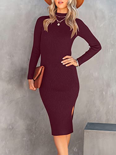 ANRABESS Women 2023 Fall Sweater Dress Turtleneck Long Sleeve Sexy Slim Fit Slit Boydcon Midi Dresses for Elegant Wedding Guest 308jiuhong-M Wine Red