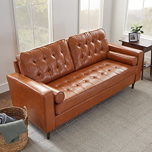 Edenbrook Lynnwood Upholstered Sofa - Couches for Living Room - Camel Faux Leather Couch - Small Couch - Living Room Furniture - Includes Bolster Pillows