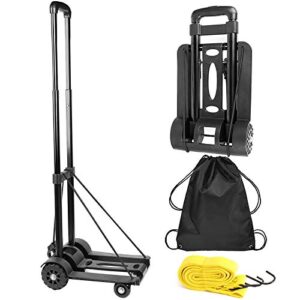 zoenhou 40kg 88lbs black folding hand truck, solid construction utility cart, heavy-duty 4-wheel luggage cart with 1 roll bungee cord and 1 pack storage pouch compact, for travel, office
