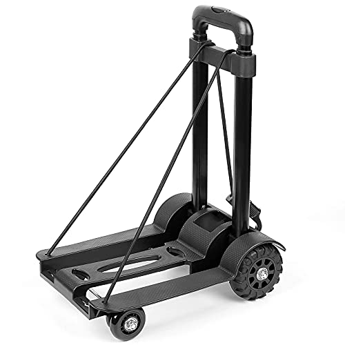 ZOENHOU 40KG 88Lbs Black Folding Hand Truck, Solid Construction Utility Cart, Heavy-Duty 4-Wheel Luggage Cart with 1 Roll Bungee Cord and 1 Pack Storage Pouch Compact, for Travel, Office