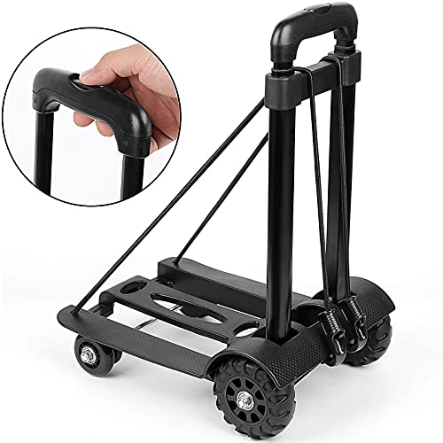 ZOENHOU 40KG 88Lbs Black Folding Hand Truck, Solid Construction Utility Cart, Heavy-Duty 4-Wheel Luggage Cart with 1 Roll Bungee Cord and 1 Pack Storage Pouch Compact, for Travel, Office