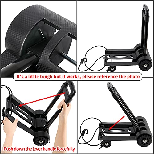 ZOENHOU 40KG 88Lbs Black Folding Hand Truck, Solid Construction Utility Cart, Heavy-Duty 4-Wheel Luggage Cart with 1 Roll Bungee Cord and 1 Pack Storage Pouch Compact, for Travel, Office