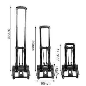 ZOENHOU 40KG 88Lbs Black Folding Hand Truck, Solid Construction Utility Cart, Heavy-Duty 4-Wheel Luggage Cart with 1 Roll Bungee Cord and 1 Pack Storage Pouch Compact, for Travel, Office