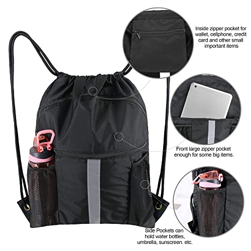 BeeGreen Drawstring Backpack Bag with Shoe Compartment X-Large Black Gym Sports String Cinch Backpack Athletic Sackpack with Front Inside Zipper Pockets