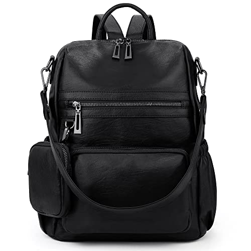 UTO Women Backpack Purse Leather Vegan Convertible Ladies Rucksack Zipper Pocket Shoulder Bag with Detachable Pouch Black