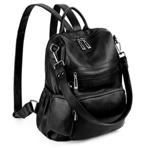 UTO Women Backpack Purse Leather Vegan Convertible Ladies Rucksack Zipper Pocket Shoulder Bag with Detachable Pouch Black