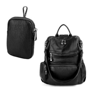 UTO Women Backpack Purse Leather Vegan Convertible Ladies Rucksack Zipper Pocket Shoulder Bag with Detachable Pouch Black